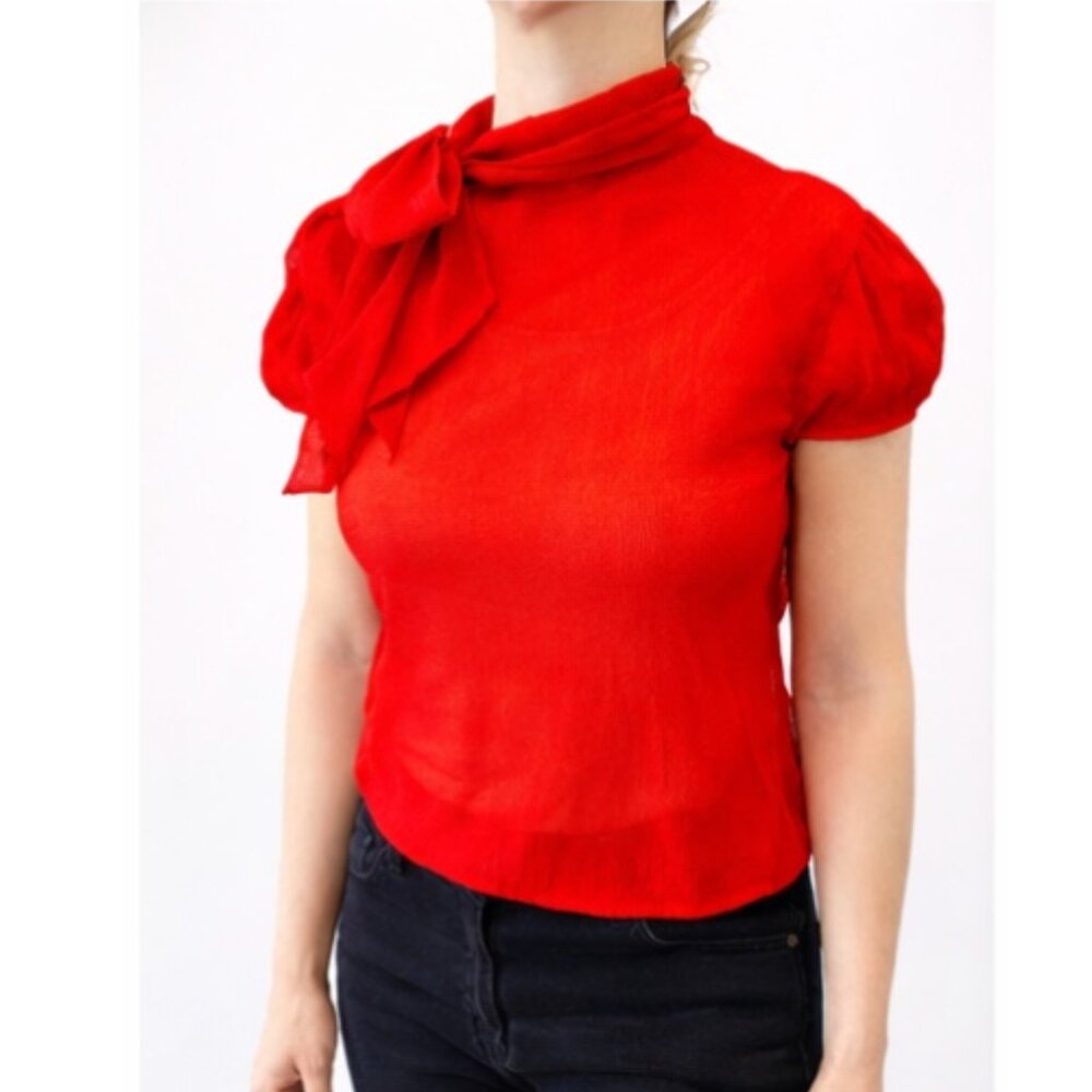 Vibrant Red Silk Chiffon Bow Blouse | Sheer Puff Sleeve Top | Size S